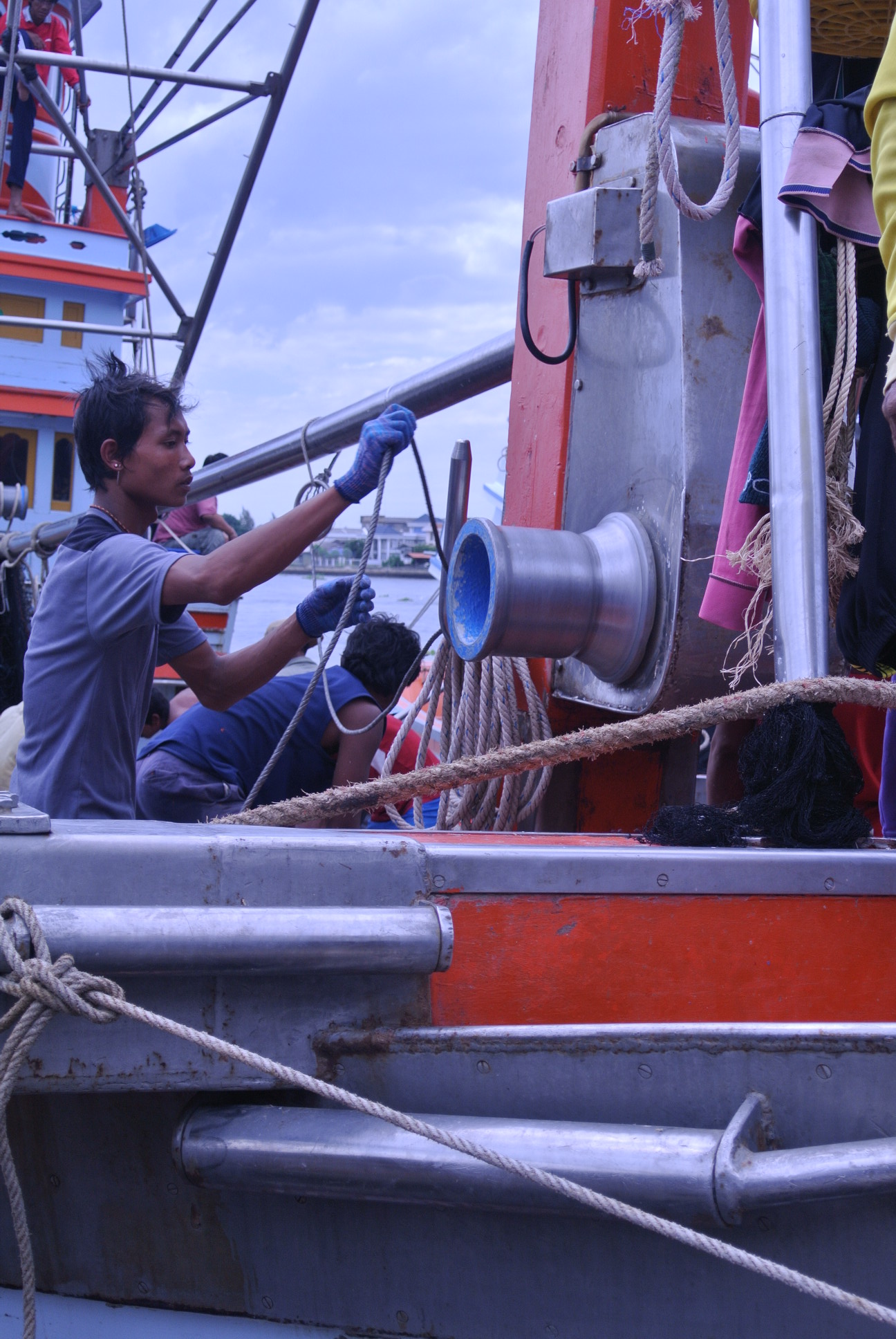 Migrant workers aboard a Thai boat at Samut Sakhon, Thailand