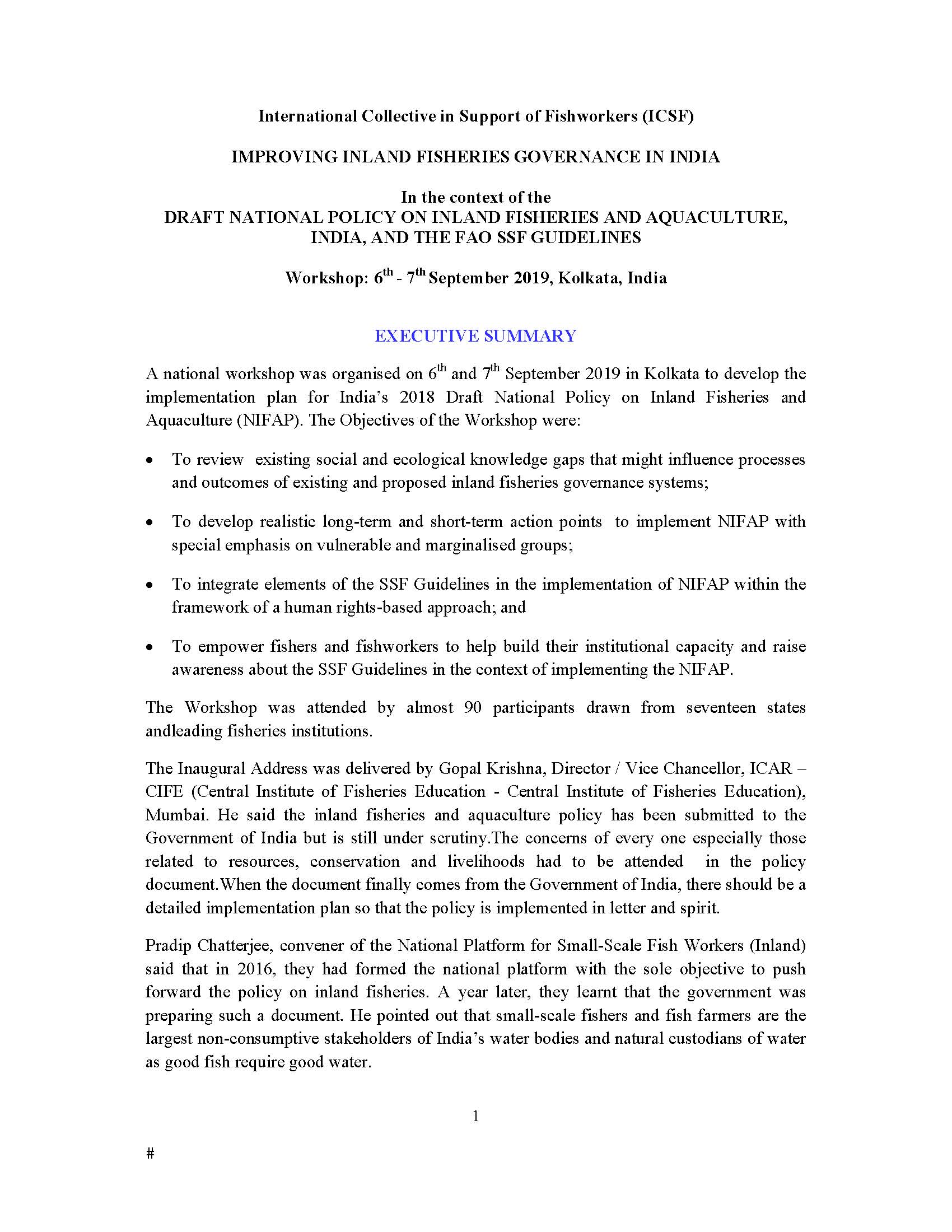 Improving Inland Fisheries Governance in India: In the Context of the Draft National Policy on Inland Fisheries and Aquaculture, India, and the FAO SSF Guidelines, 6th – 7th September 2019, Kolkata, India